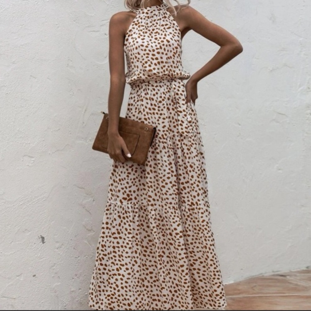 Boho cream brown  halter dot belted maxi dress - Picture 5 of 11